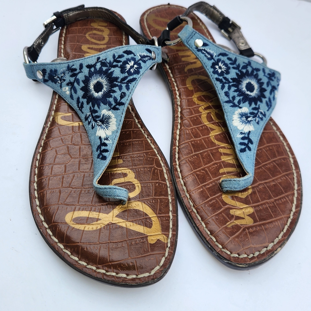 Sam Edelman Embroidered Blue and Brown Sandals with Ankle Strap Size 8.5